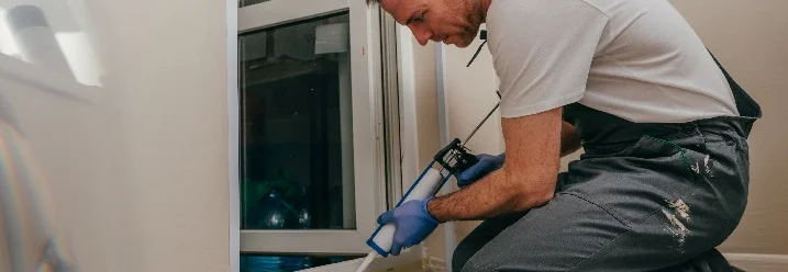 Person kniet und verwendet Dichtmittelpistole